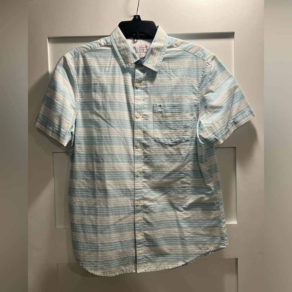 Penguin white and blue short sleeve button down